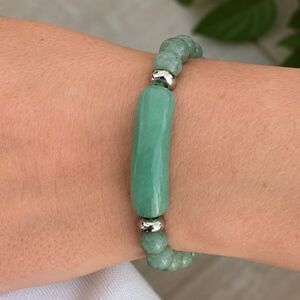 Green Beaded Stretch Bracelet, Faux Aventurine